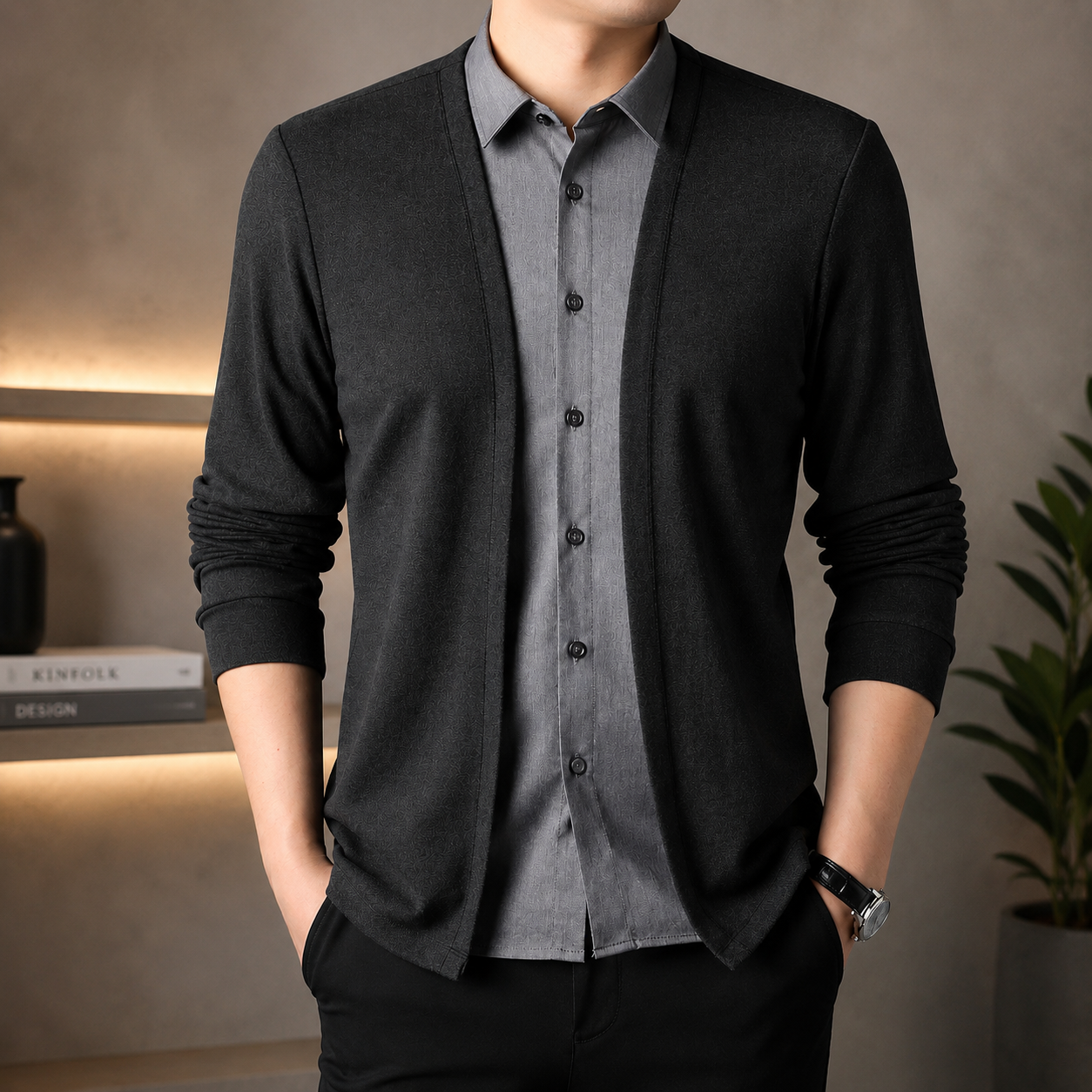 Men's Faux Two-Piece Collar Cardigan Shirt