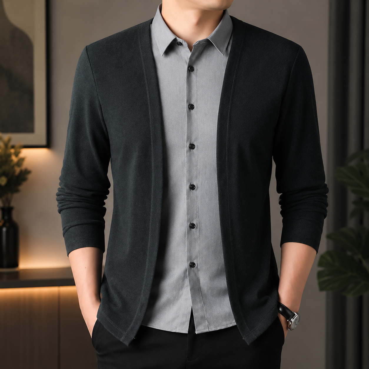 Men's Faux Two-Piece Collar Cardigan Shirt