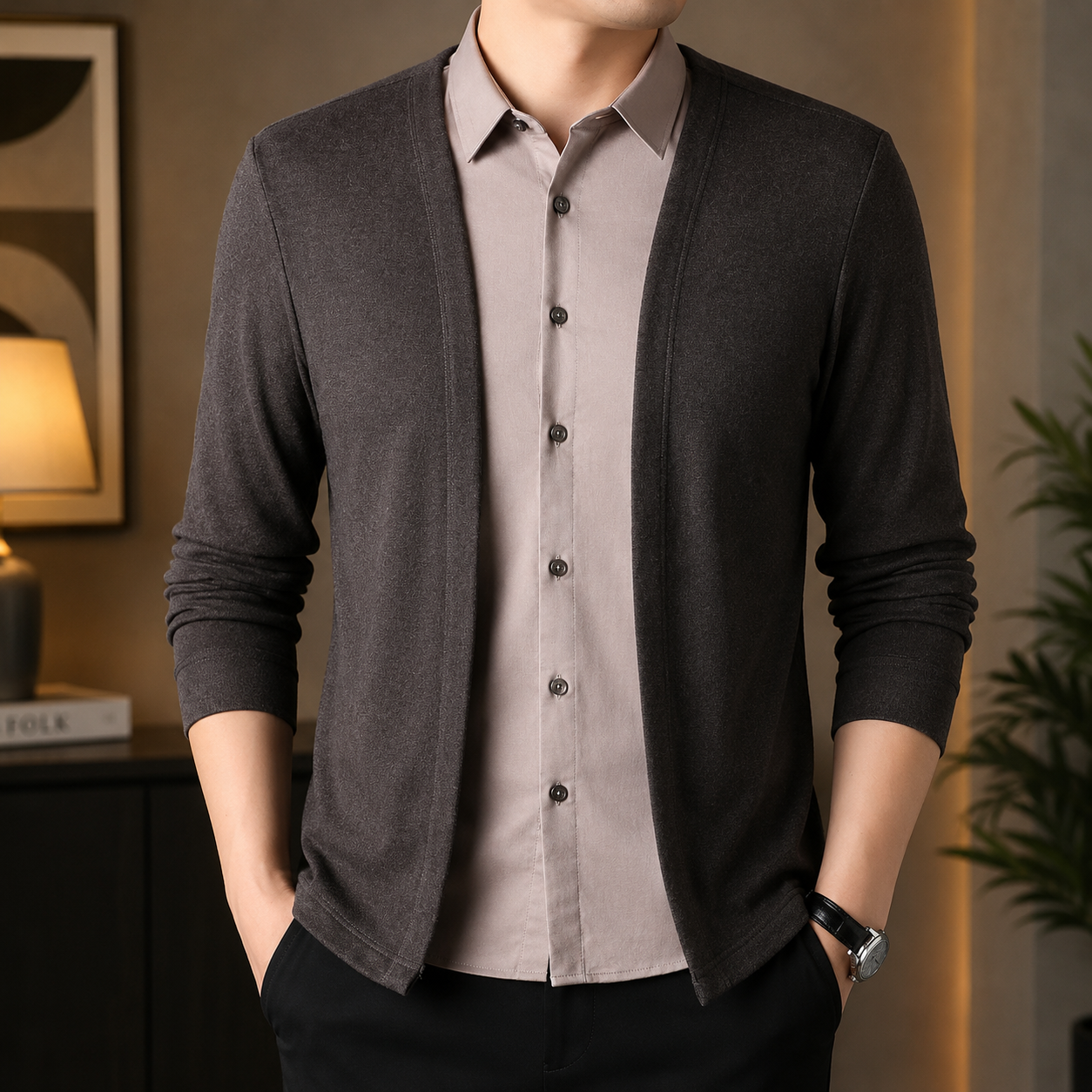 Men's Faux Two-Piece Collar Cardigan Shirt