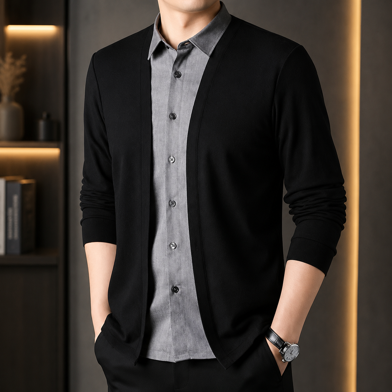 Men's Faux Two-Piece Collar Cardigan Shirt