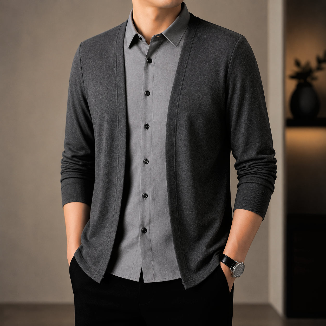 Men's Faux Two-Piece Collar Cardigan Shirt
